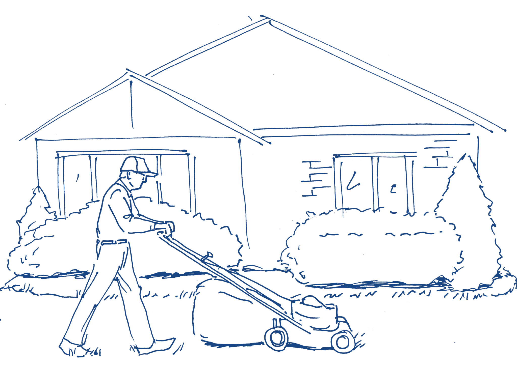 Drawing of a person mowing a lawn.