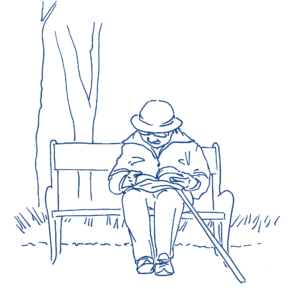 Drawing of a person reading a book, sitting on a bench