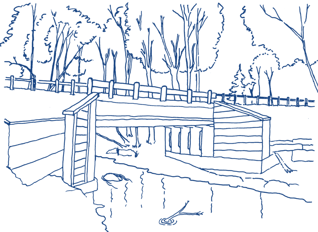 Drawing of a bridge over water with trees in the background